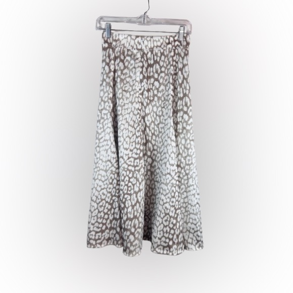Ganni Beige White Leopard Print Satin Midi Skirt Metallic Sheen A-Line Size Us 4
